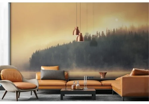 Wallpaper landscape lake with trees and fog 2