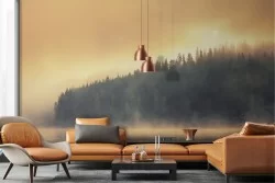 Carta da Parati paesaggio lago con alberi e nebbia