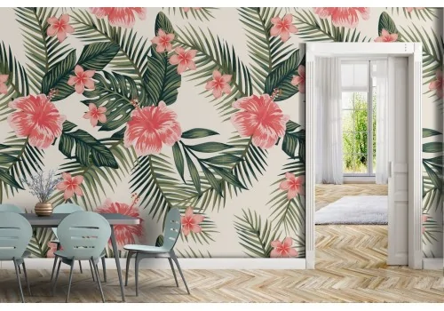 Pink flowers and tropical leaves nature pattern wallpaper.258