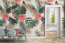 Pink flowers and tropical leaves nature pattern wallpaper.