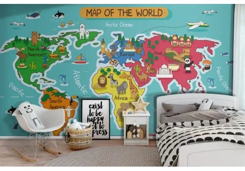 Stylized world map wallpaper with children's animals