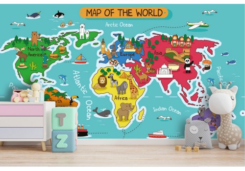 Carta da Parati mappamondo stilizzato animali bambini 2