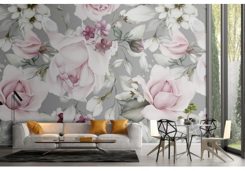 Modern nature pattern pink flowers wallpaper.