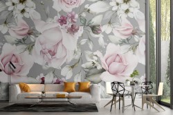 Modern nature pattern pink flowers wallpaper.