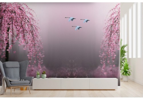 Wallpaper lake with trees and oriental swans