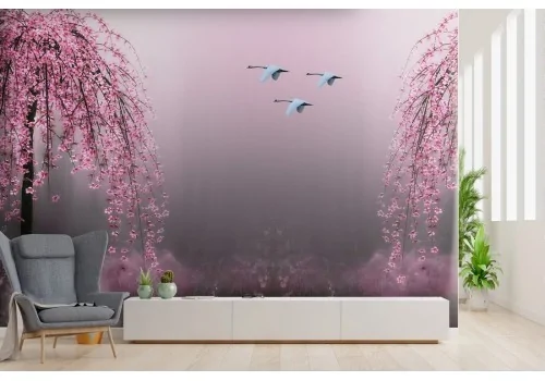 Wallpaper of lake with trees and oriental swans