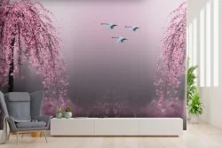 Wallpaper lake with trees and oriental swans
