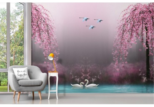 Wallpaper lake with trees and oriental swans 2