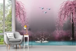 Wallpaper lake with trees and oriental swans
