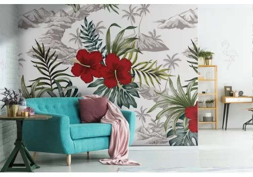 Carta da Parati fiori rossi e foglie tropicali natura.