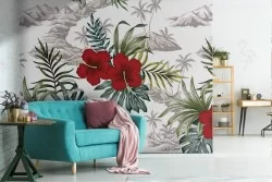 Red flowers and tropical leaves nature wallpaper.