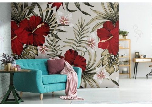 Red flowers and tropical leaves nature wallpaper.