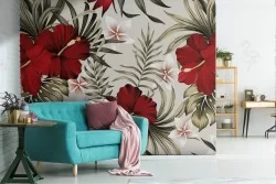 Carta da Parati fiori rossi e foglie tropicali natura.