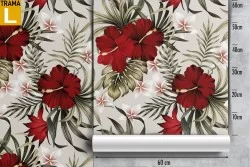 Carta da Parati fiori rossi e foglie tropicali natura.