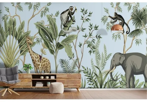 Tropical forest wallpaper with animals nature illustration