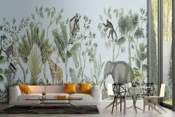 Tropical forest wallpaper with animals nature illustration