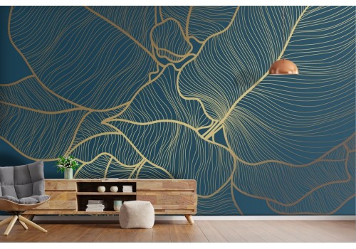 Carta da Parati foglie stilizzate natura luxury blu e oro