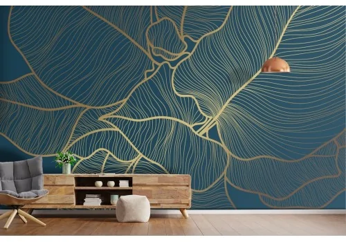 Carta da Parati foglie stilizzate natura luxury blu e oro