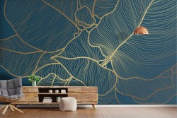 Wallpaper stylized leaves nature luxury blue and gold