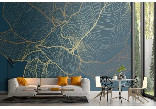 Wallpaper stylized leaves nature luxury blue and gold 2