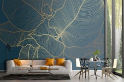 Carta da Parati foglie stilizzate natura luxury blu e oro