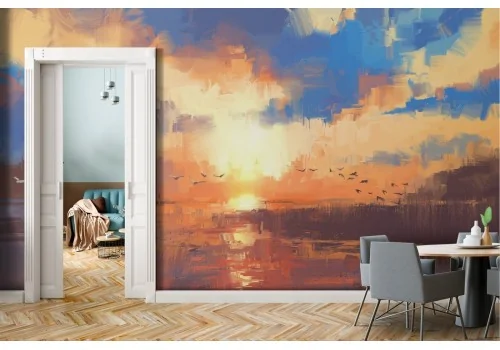 Wallpaper sunrise sunset on lake painted landscape nature