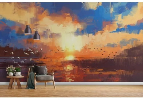 Wallpaper of sunrise sunset on lake painted nature landscape 2