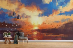 Wallpaper of sunrise sunset on lake painted nature landscape