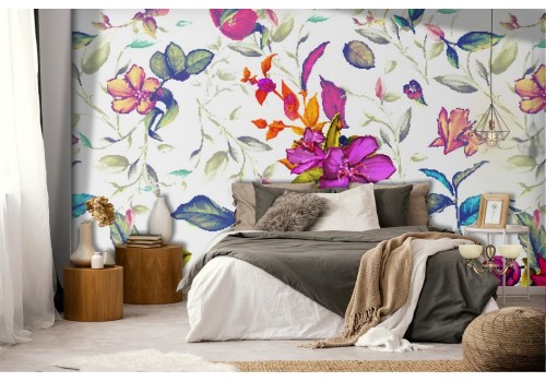 Modern nature wallpaper with purple flowers.