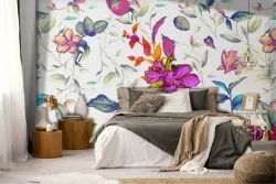 Modern nature wallpaper with purple flowers.