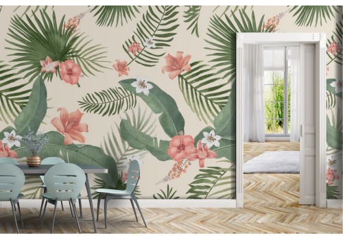 Wallpaper with tropical leaves and flowers nature pattern.