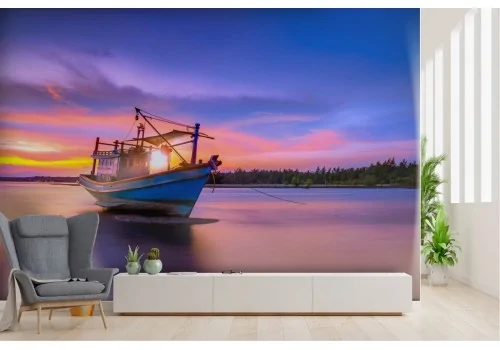 Wallpaper lake sunset with boat