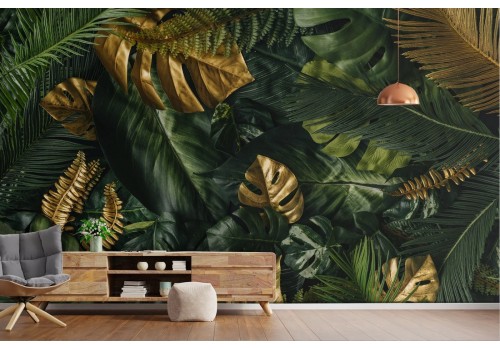 Tropical leaves nature green wallpaper with gold finishes