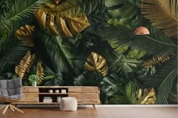 Carta da Parati foglie tropicali natura verde con finiture oro