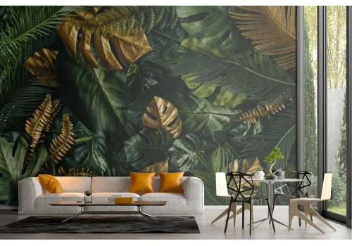 Carta da Parati foglie tropicali natura verde con finiture oro 2