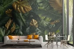 Carta da Parati foglie tropicali natura verde con finiture oro