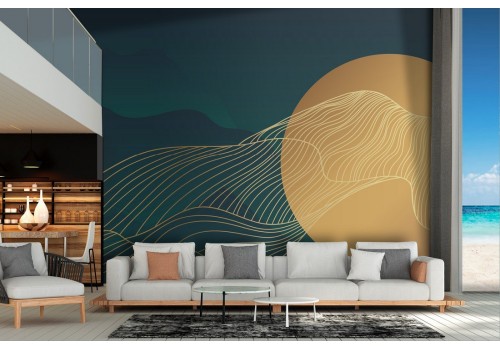 Gold circle wallpaper with stylized waves