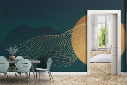 Gold circle wallpaper with stylized waves