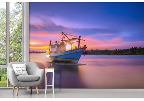 Wallpaper lake sunset with boat 2