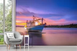 Wallpaper lake sunset with boat