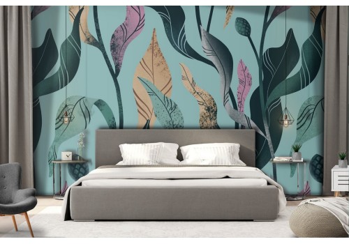 Carta da Parati foglie stilizzate pattern natura.