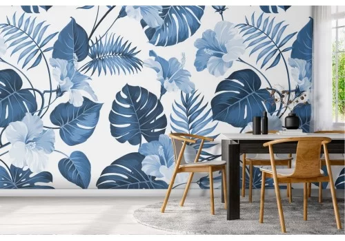 Carta da Parati natura foglie tropicali blu.