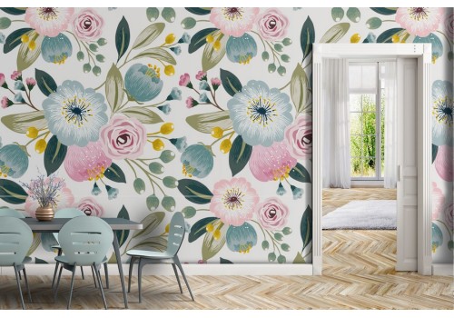 Carta da Parati natura pattern fiori bianchi e rosa.