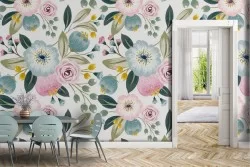 Carta da Parati natura pattern fiori bianchi e rosa.