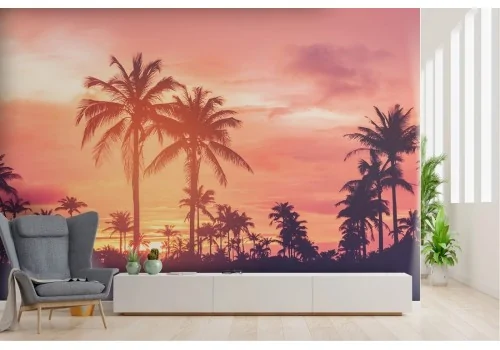 Tropical landscape wallpaper with palm trees at sunset dawn