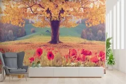 Carta da Parati paesaggio prato papaveri con albero