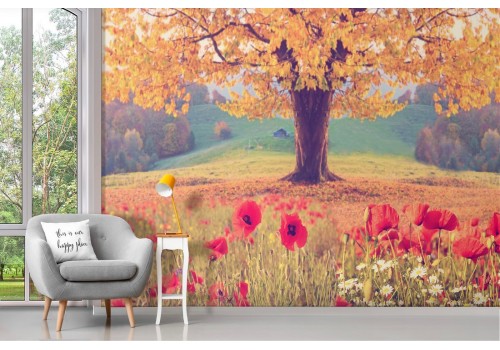 Wallpaper landscape meadow poppies with tree 2