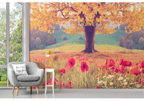 Wallpaper landscape meadow poppies with tree 2
