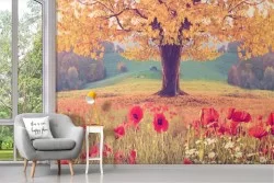 Carta da Parati paesaggio prato papaveri con albero