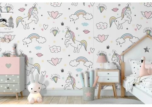Carta da Parati unicorni decorazione fantasy bambini.